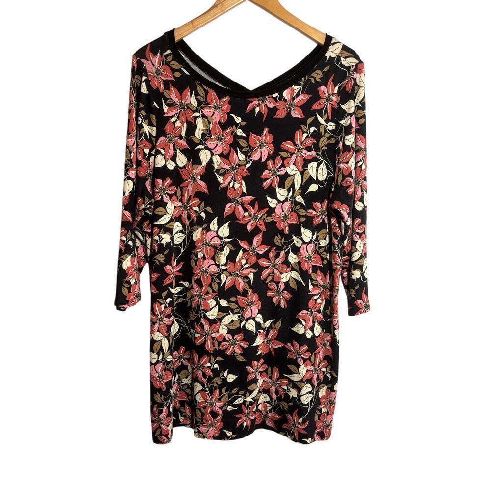 J. Jill Wearever Collection Women L 3/4 Sleeve Black Botanical Bloom Tunic